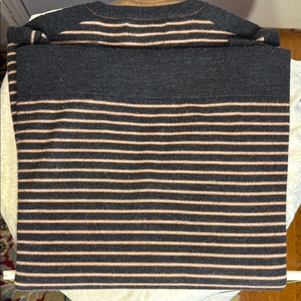 Garret Scott Men's Striped Heather Gray, Tan and Red Striped Merino Wool Sweater